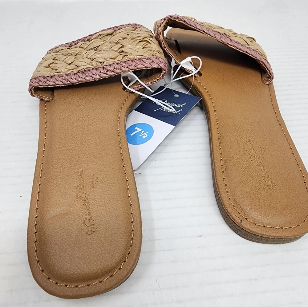 New Woven Slide Sandals Rose Raffia Slide Boho Sandals Beach Flat Flip Flops 7.5